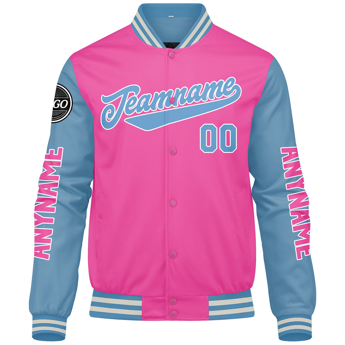 Chaquetas universitarias personalizadas en rosa y azul claro para hombres & mujeres y jóvenes & Chaquetas Letterman personalizadas