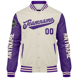 Chaquetas universitarias personalizadas color crema púrpura para hombres & mujeres y jóvenes & Chaquetas Letterman personalizadas