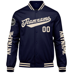 Chaquetas universitarias personalizadas azul marino y crema para hombres & mujeres y jóvenes & Chaquetas tipo Letterman personalizadas