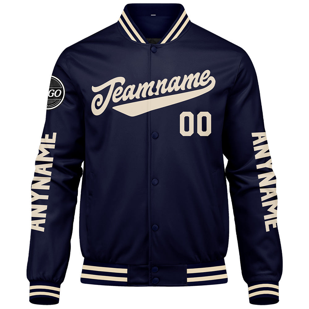 Chaquetas universitarias personalizadas azul marino y crema para hombres & mujeres y jóvenes & Chaquetas tipo Letterman personalizadas