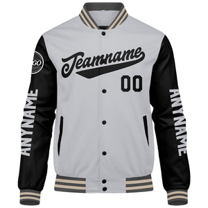 Chaquetas universitarias personalizadas en gris & negro y crema para hombres & mujeres y jóvenes & Chaquetas Letterman personalizadas