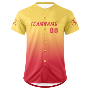 Camiseta de béisbol personalizada amarilla y roja con degradado uniformes de equipo personalizados con nombre y número