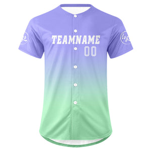 Camiseta de béisbol personalizada de color morado claro y verde claro con degradado uniformes de equipo personalizados con nombre y número