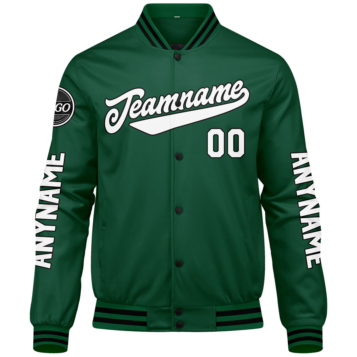 Chaquetas universitarias personalizadas en verde & negro y blanco para hombres & mujeres y jóvenes & Chaquetas Letterman personalizadas