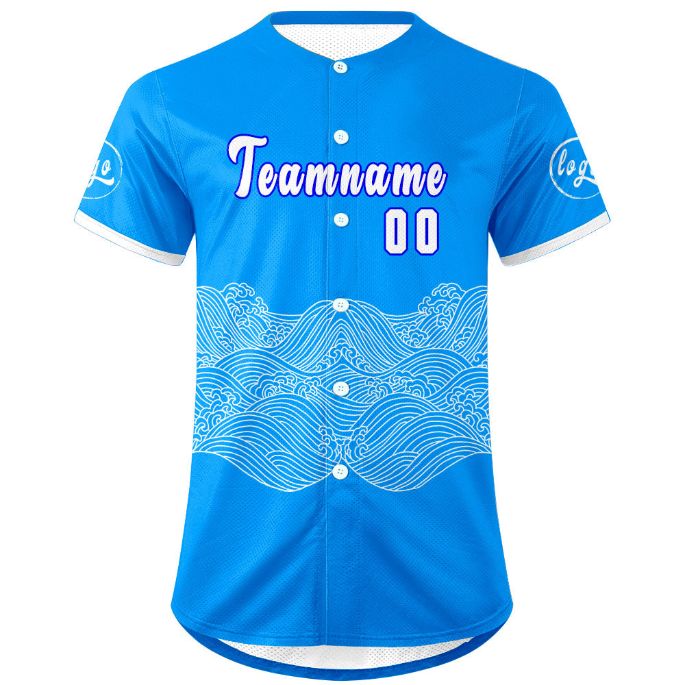 Camiseta de béisbol azul y blanca personalizada con dise?o degradado uniformes de equipo con nombre y número