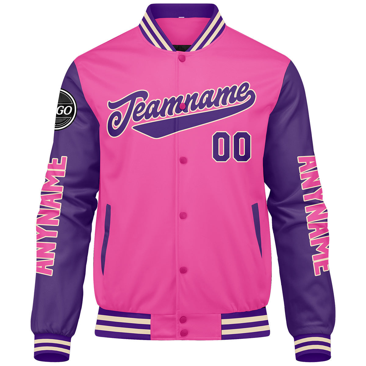 Chaquetas universitarias personalizadas en rosa y morado para hombres & mujeres y jóvenes & Chaquetas tipo Letterman personalizadas