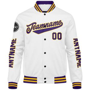 Chaquetas universitarias personalizadas en morado & blanco y amarillo para hombres & mujeres y jóvenes & Chaquetas tipo Letterman personalizadas