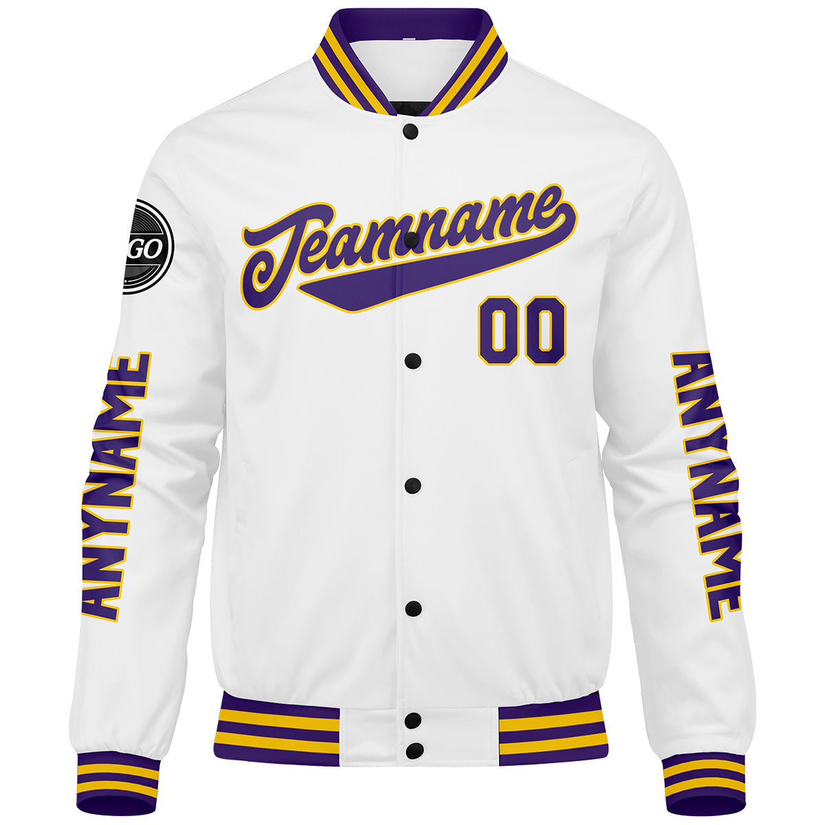 Chaquetas universitarias personalizadas en morado & blanco y amarillo para hombres & mujeres y jóvenes & Chaquetas tipo Letterman personalizadas