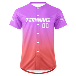 Camiseta de béisbol personalizada en color morado y rosa con degradado uniformes de equipo personalizados con nombre y número