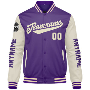 Chaquetas universitarias personalizadas color crema púrpura para hombres & mujeres y jóvenes & Chaquetas Letterman personalizadas