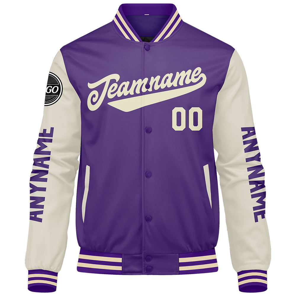 Chaquetas universitarias personalizadas color crema púrpura para hombres & mujeres y jóvenes & Chaquetas Letterman personalizadas