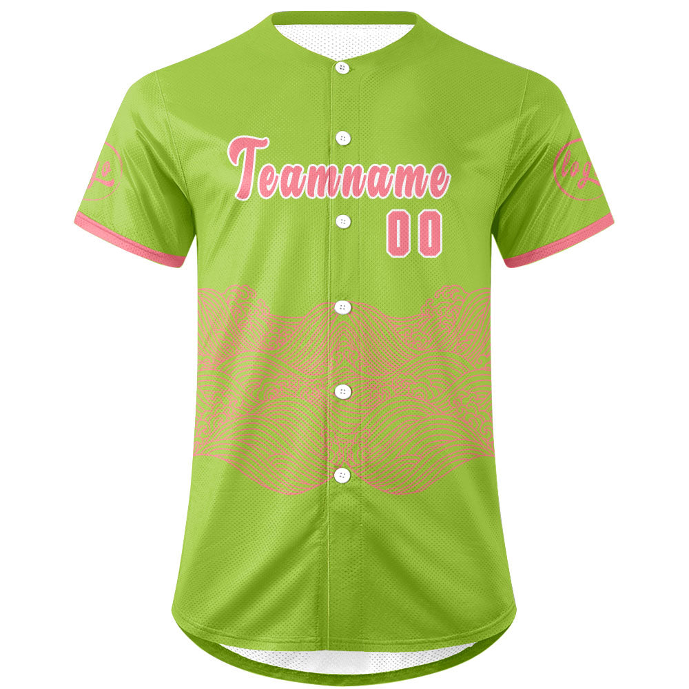 Camiseta de béisbol personalizada verde y rosa con degradado uniformes de equipo con nombre y número