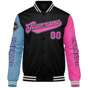 Chaquetas universitarias personalizadas en negro & azul claro y rosa para hombres & mujeres y jóvenes & Chaquetas Letterman personalizadas