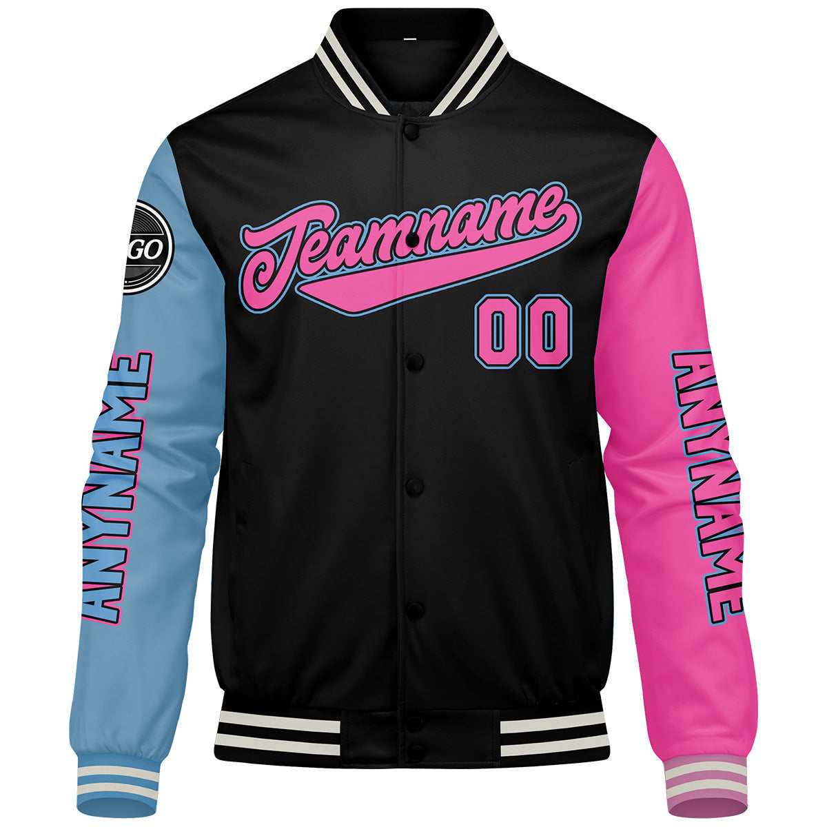 Chaquetas universitarias personalizadas en negro & azul claro y rosa para hombres & mujeres y jóvenes & Chaquetas Letterman personalizadas
