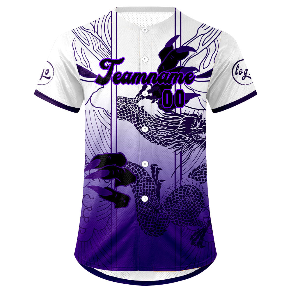 Camiseta de béisbol personalizada blanca y morada con degradado uniformes de equipo personalizados con nombre y número