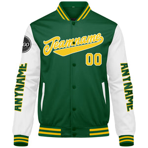 Chaquetas universitarias personalizadas en verde & amarillo y blanco para hombres & mujeres y jóvenes & Chaquetas Letterman personalizadas