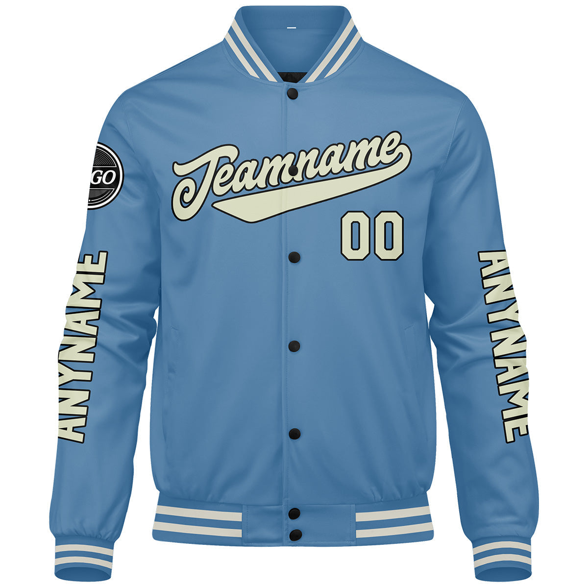 Chaquetas universitarias personalizadas azul claro crema para hombres & mujeres y jóvenes & Chaquetas Letterman personalizadas