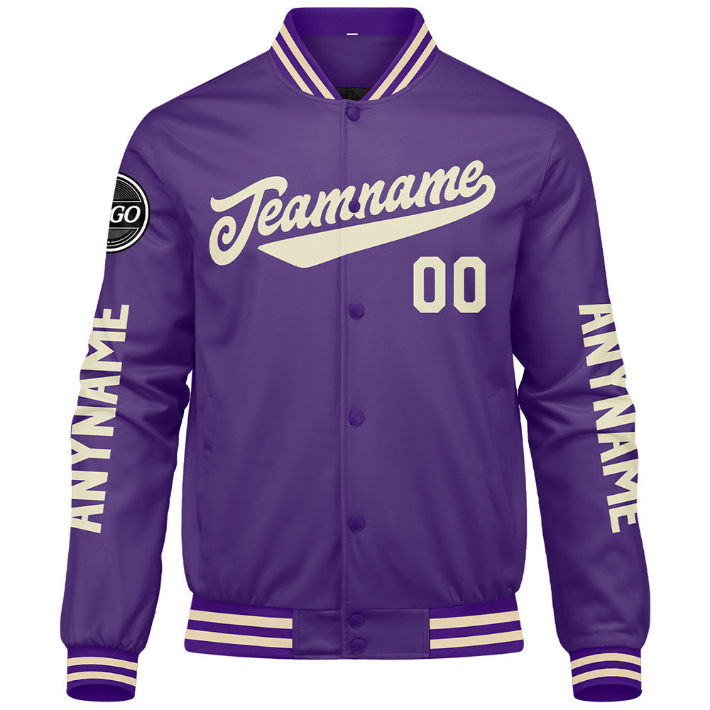 Chaquetas universitarias personalizadas color crema púrpura para hombres & mujeres y jóvenes & Chaquetas Letterman personalizadas