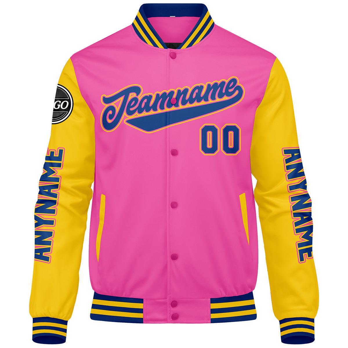 Chaquetas universitarias personalizadas en rosa y amarillo para hombres & mujeres y jóvenes & Chaquetas tipo Letterman personalizadas