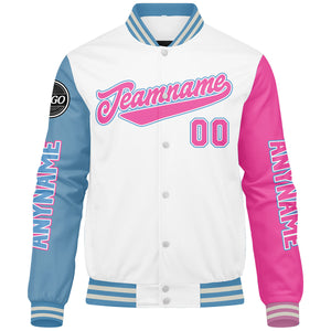 Chaquetas universitarias personalizadas blancas & azul claro y rosa para hombres & mujeres y jóvenes & Chaquetas Letterman personalizadas