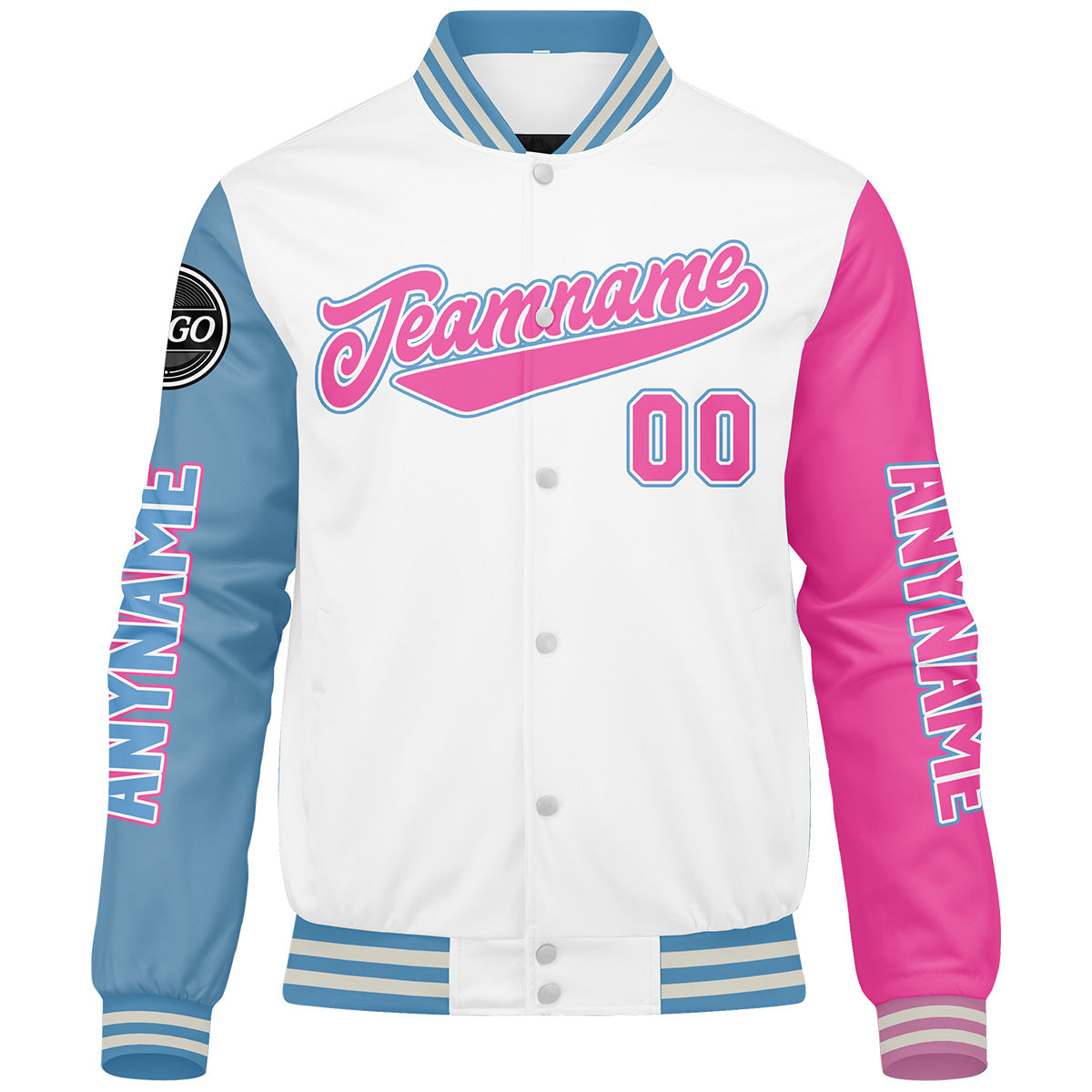 Chaquetas universitarias personalizadas blancas & azul claro y rosa para hombres & mujeres y jóvenes & Chaquetas Letterman personalizadas