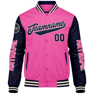 Chaquetas universitarias personalizadas en rosa y azul marino para hombres & mujeres y jóvenes & Chaquetas Letterman personalizadas