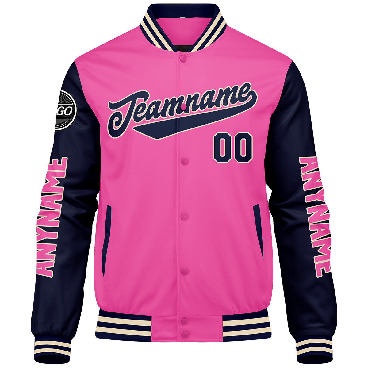 Chaquetas universitarias personalizadas en rosa y azul marino para hombres & mujeres y jóvenes & Chaquetas Letterman personalizadas