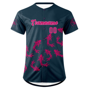 Camiseta de béisbol personalizada azul oscuro y rosa brillante con degradado uniformes de equipo personalizados con nombre y número