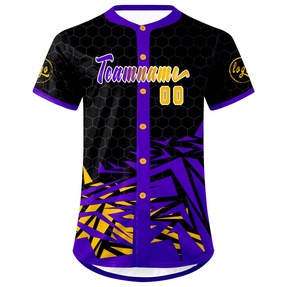 Camiseta de béisbol personalizada negra y morada con degradado uniformes de equipo personalizados con nombre y número