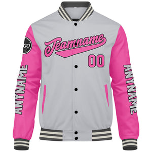 Chaquetas universitarias personalizadas en gris y rosa para hombres & mujeres y jóvenes & Chaquetas estilo Letterman personalizadas