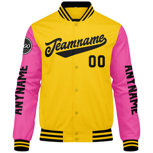 Chaquetas universitarias personalizadas en amarillo & rosa y negro para hombres & mujeres y jóvenes & Chaquetas tipo Letterman personalizadas