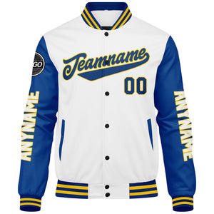 Chaquetas universitarias personalizadas en blanco y amarillo para hombres & mujeres y jóvenes & Chaquetas tipo Letterman personalizadas