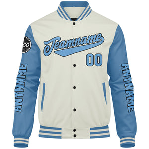 Chaquetas universitarias personalizadas azul claro crema para hombres & mujeres y jóvenes & Chaquetas Letterman personalizadas