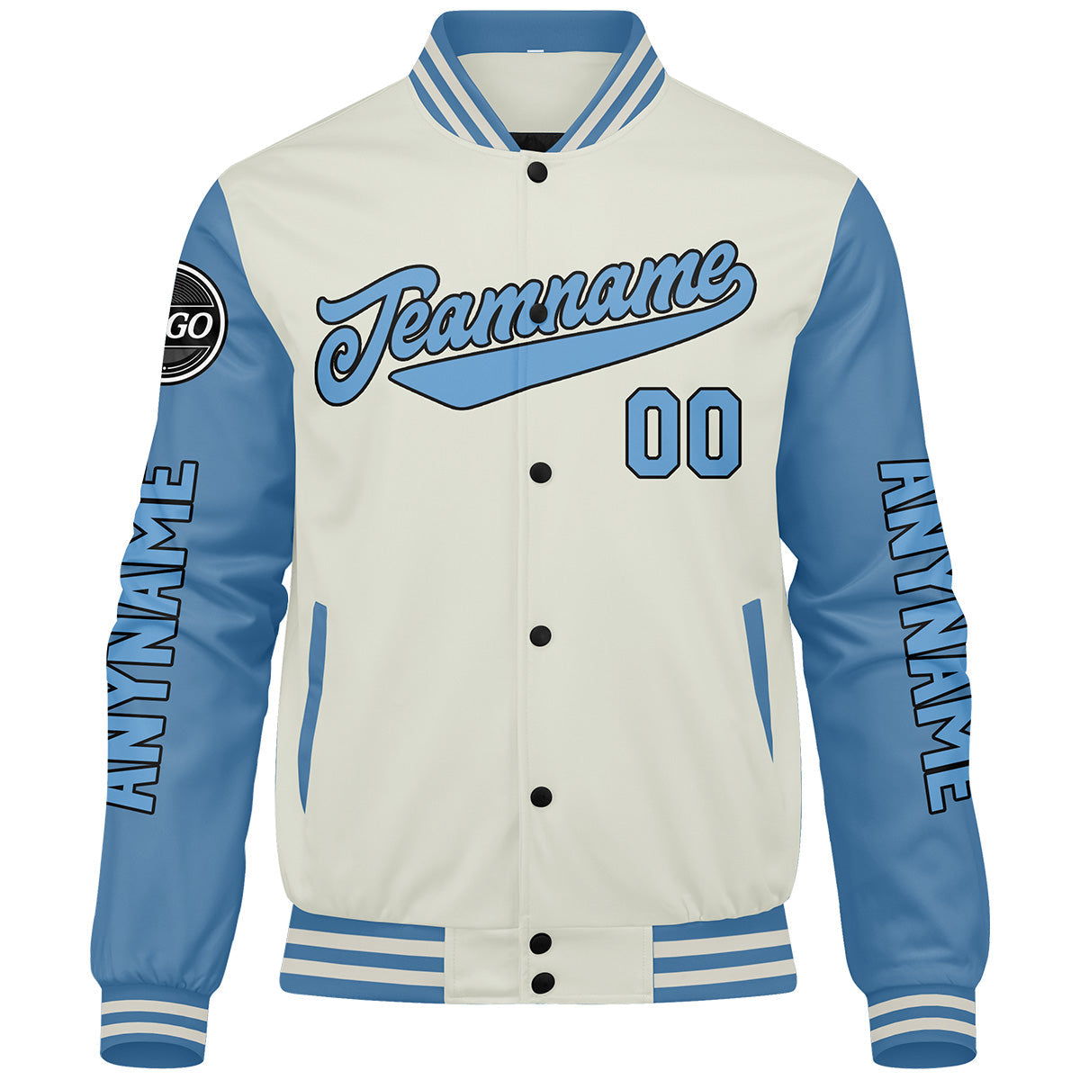 Chaquetas universitarias personalizadas azul claro crema para hombres & mujeres y jóvenes & Chaquetas Letterman personalizadas