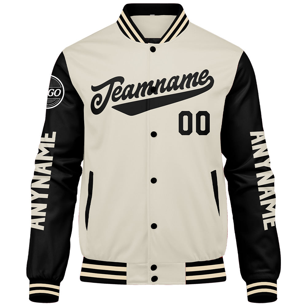 Chaquetas universitarias personalizadas en color negro y crema para hombres & mujeres y jóvenes & Chaquetas Letterman personalizadas
