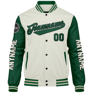 Chaquetas universitarias personalizadas de color verde crema para hombres & mujeres y jóvenes & Chaquetas Letterman personalizadas