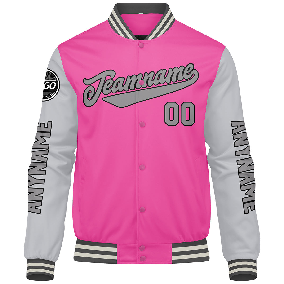 Chaquetas universitarias personalizadas en rosa y gris para hombres & mujeres y jóvenes & Chaquetas estilo Letterman personalizadas
