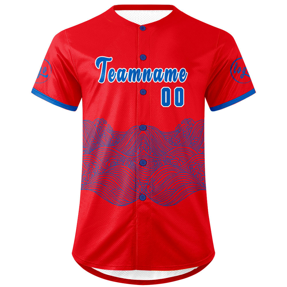 Camiseta de béisbol personalizada roja y azul con degradado uniformes de equipo con nombre y número