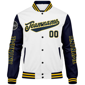Chaquetas universitarias personalizadas azul marino & blancas y amarillas para hombres & mujeres y jóvenes & Chaquetas tipo Letterman personalizadas