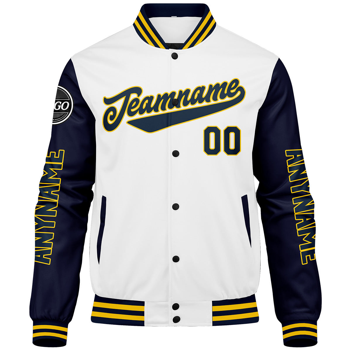Chaquetas universitarias personalizadas azul marino & blancas y amarillas para hombres & mujeres y jóvenes & Chaquetas tipo Letterman personalizadas