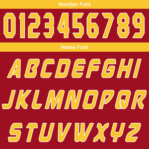 Uniforme de baloncesto personalizado rojo y amarillo con tu logotipo-nombre y número impresos