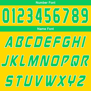 Uniforme de baloncesto personalizado amarillo y verde con tu logotipo-nombre y número impresos