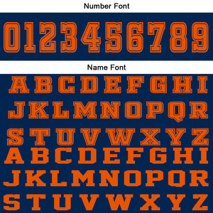 Uniforme de baloncesto personalizado azul marino y naranja con tu logotipo-nombre y número impresos
