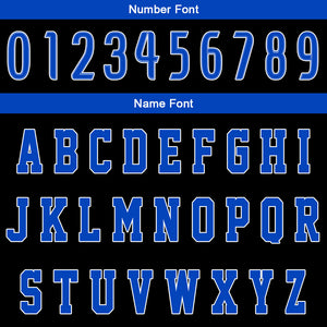 Uniforme de baloncesto personalizado en negro y azul con tu logotipo-nombre y número impresos