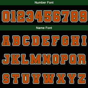 Chaquetas universitarias impermeables personalizadas en negro-naranja y verde con nombre-número y logotipo bordados