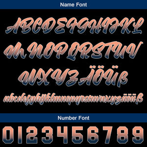 Camiseta de béisbol personalizada negra azul marino y naranja claro con degradado uniformes de equipo personalizados con nombre y número