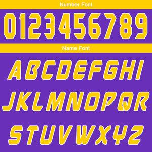 Uniforme de baloncesto personalizado en color morado y amarillo con tu logotipo-nombre y número impresos