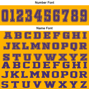 Uniforme de baloncesto personalizado amarillo y morado con tu logotipo-nombre y número impresos