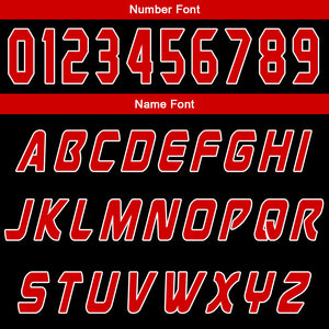 Uniforme de baloncesto personalizado en negro y rojo con tu logotipo-nombre y número impresos