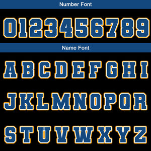 Chaquetas universitarias impermeables personalizadas en negro-azul y amarillo con nombre-número y logotipo bordados